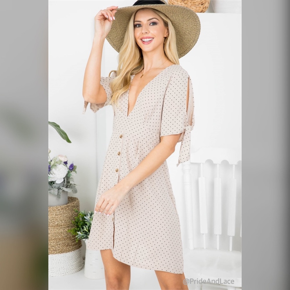 NATURAL WITH DOT PATTERN SLITTED TIE SLEEVELESS WOVEN DRESS - Picture 3 of 7